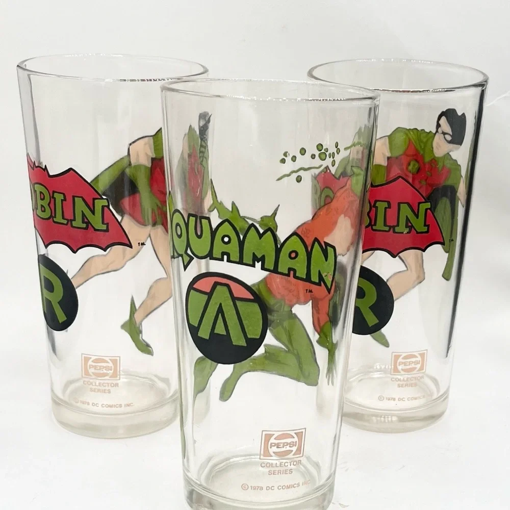 VTG 1978 Aquaman & 2 Robins DC Comics Inc. Collector Series Pepsi‎ Cola Glasses